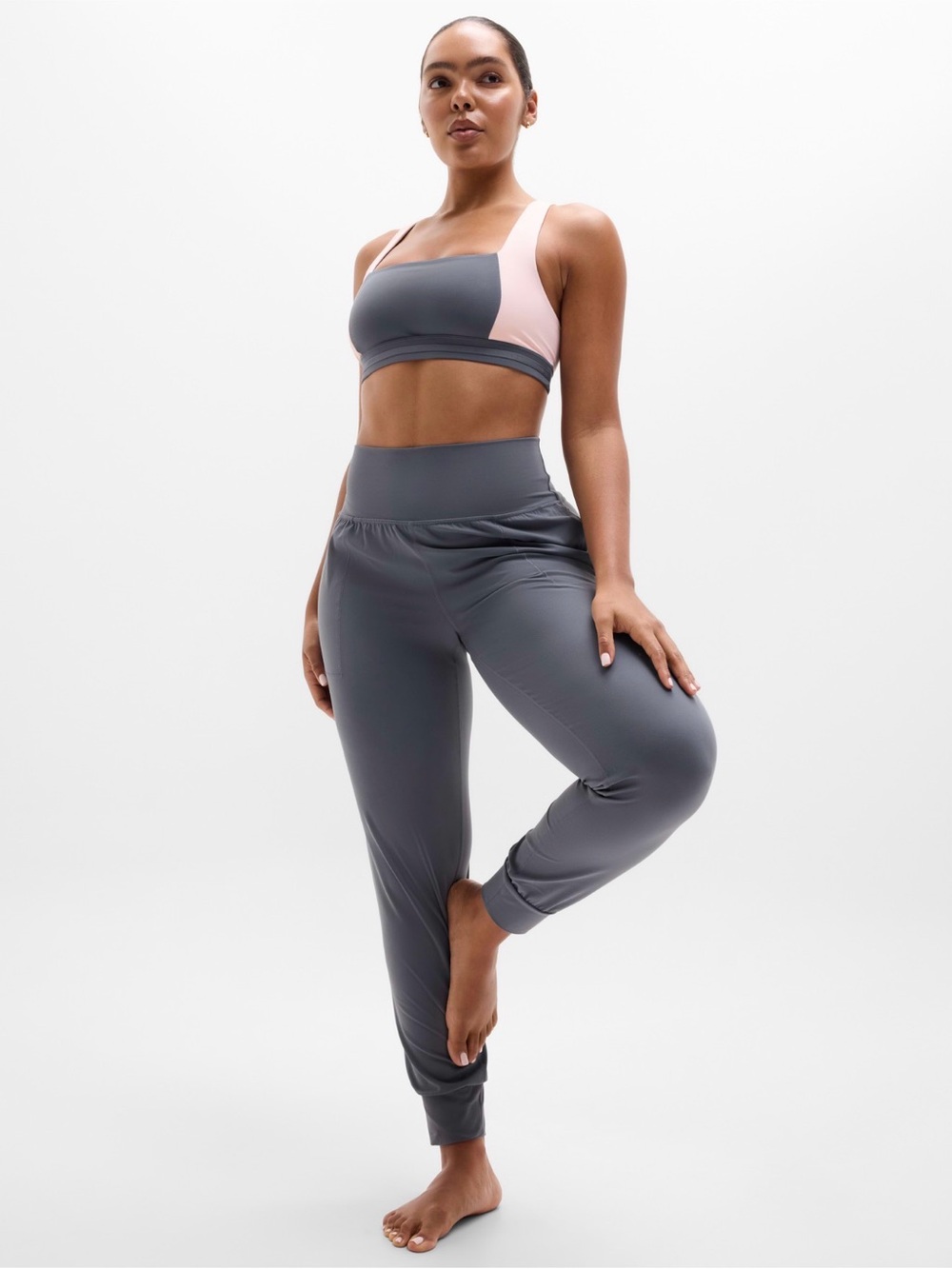 Athleta Gray Jogger Pants with Pink-Accent Sports Bra